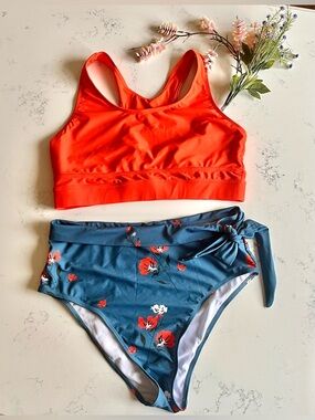Orange Racerback Swim top | Blue and Orange floral Bikini Bottom | High Waisted